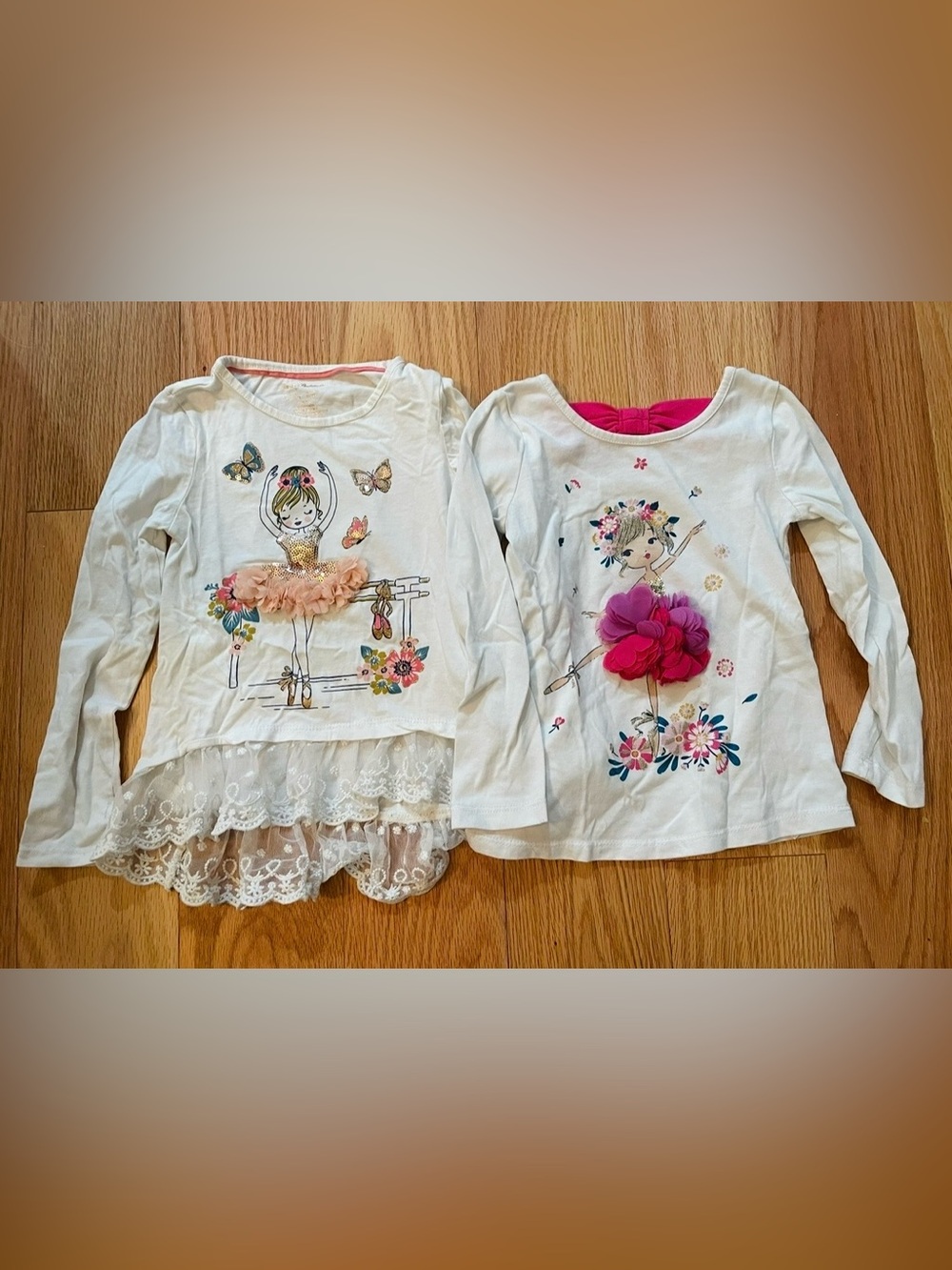 Girls' White Long-Sleeve Ballerina Top with Pink Floral Appliqué